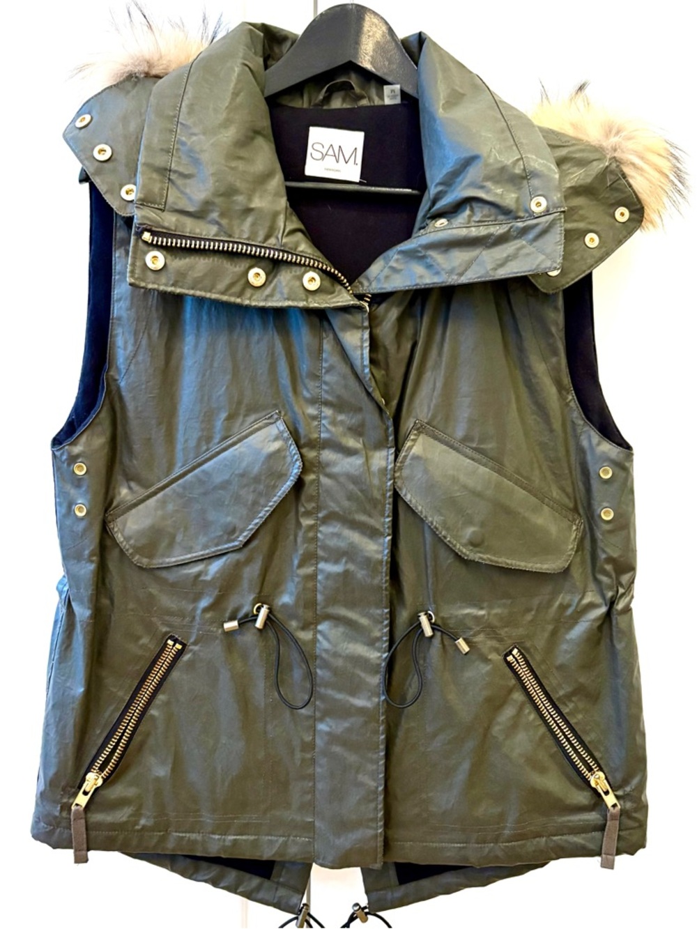 SAM. New York. Olive Green Parka-Style Fur Hooded Vest